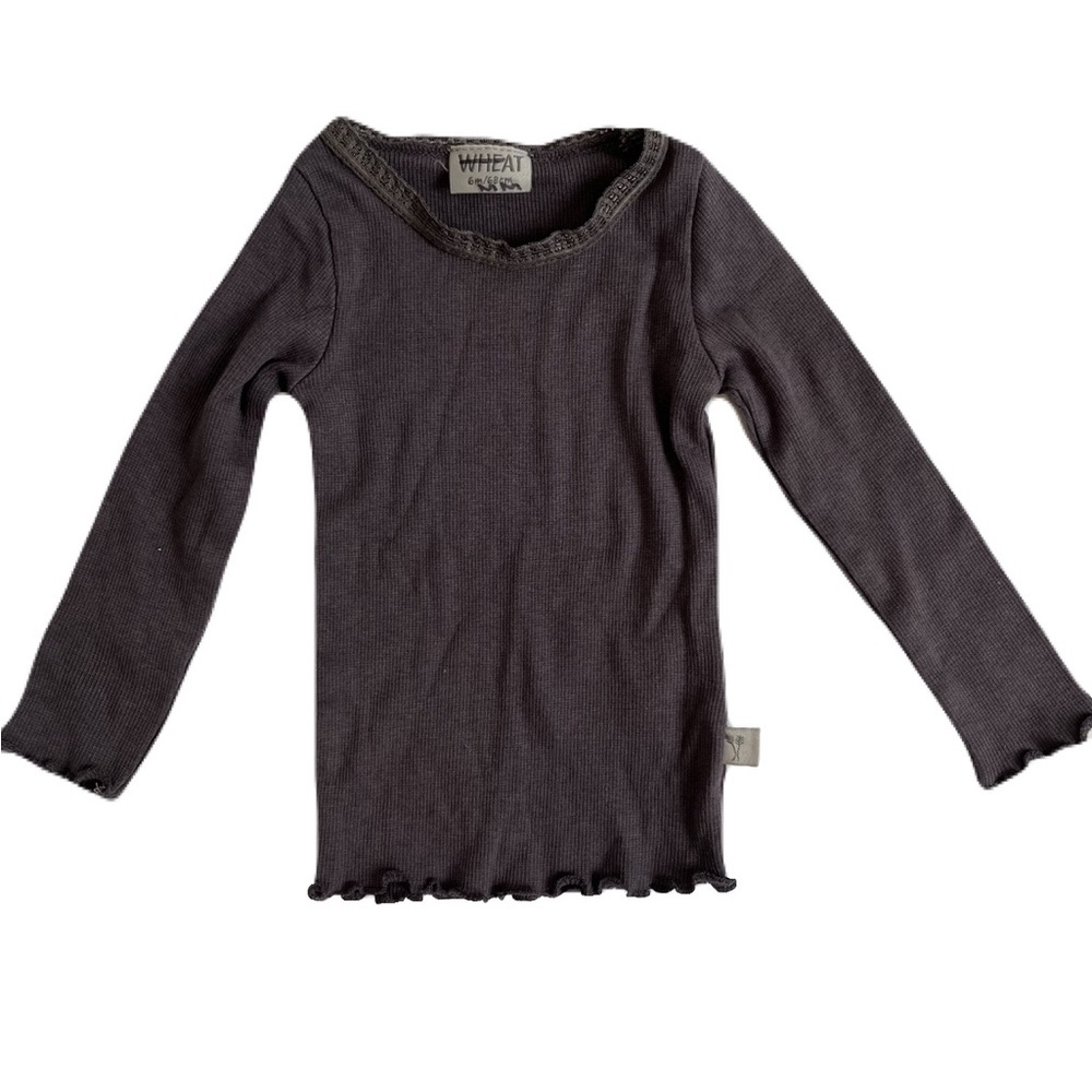 Wheat Gray Long Sleeve Ribbed Tee with Scoop Lace Neck and Ruffled Edge